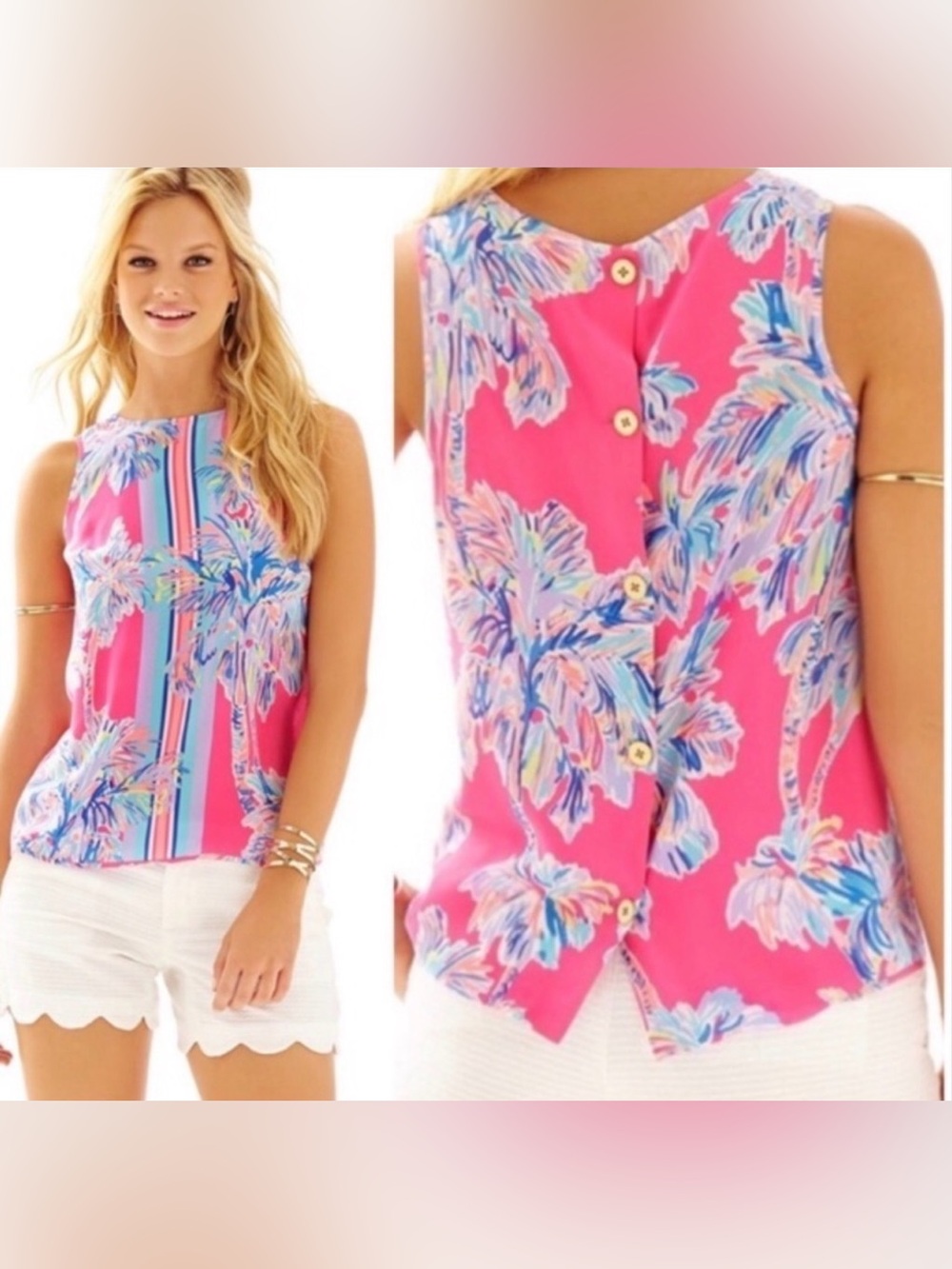 🌺 Lilly Pulitzer Iona Silk Shell Top Nice Stems Engineered Pink